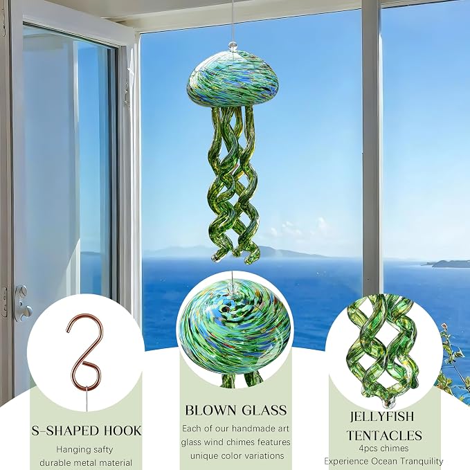 Sea Blown Glass Wind Chimes for Outside Jellyfish Ocean Wind Chimes 10 Inch | Ocean Beach Themed Crystal Wind Chime Gift Sea Glass Wind Chimes Hanging Decor for Patio, Window & Garden