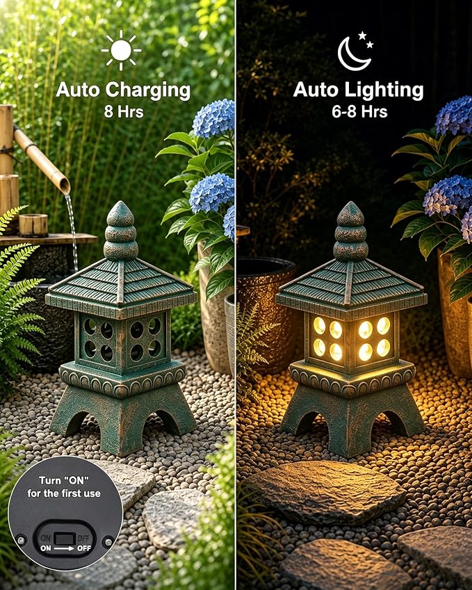 Nacome Solar Pagoda Garden Statues:15.7 inches Outdoor Weatherproof Resin Zen Decor for Landscape Balcony Patio Porch Yard Ornament(Bronze)