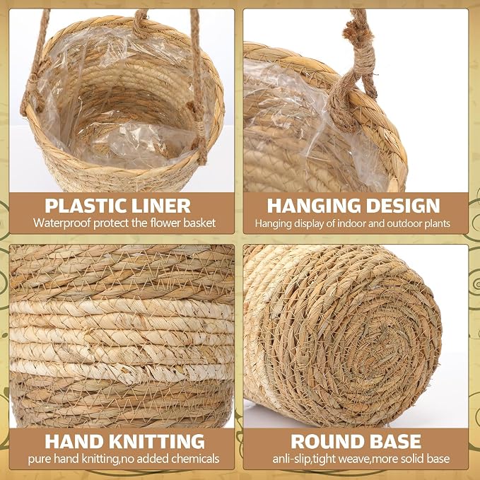 6 Pcs Seagrass Hanging Planter Basket Hand Woven Plant Basket with Plastic Liners Hanging Plant Holder Storage Containers with Cotton Rope for Indoor Outdoor Garden Home Decor(Beige)
