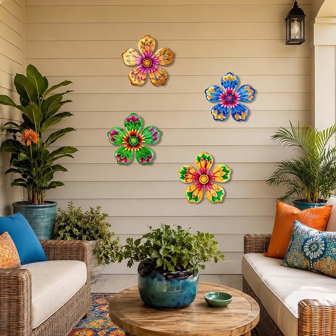 4-Pack Metal Flower Wall Decor, Outdoor Fence and Garden Art | Outdoor Wall Decor art, Easy To Hang, Ideal for outdoor fences, gardens, patios, yards and exterior walls
