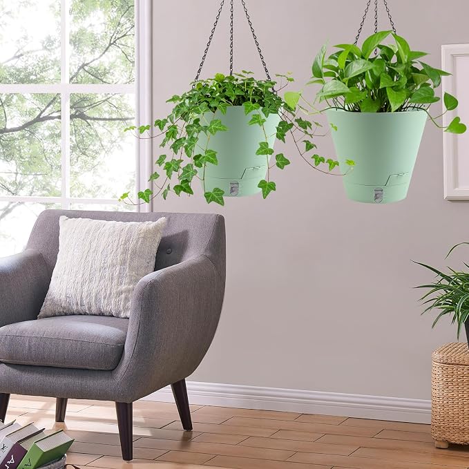 8 Inch Hanging Planters Indoor Outdoor, 3 Pack Plastic Self Watering Plant Pots with Drainage Holes & Saucers, Hanging Baskets Flower Pots with Chain for Ivy, Spider Plant, Pothos, Ferns