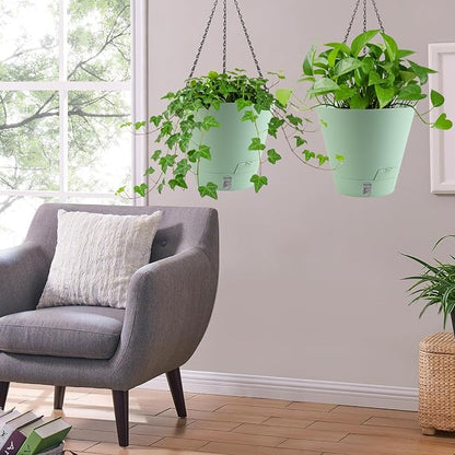 8 Inch Hanging Planters Indoor Outdoor, 3 Pack Plastic Self Watering Plant Pots with Drainage Holes & Saucers, Hanging Baskets Flower Pots with Chain for Ivy, Spider Plant, Pothos, Ferns