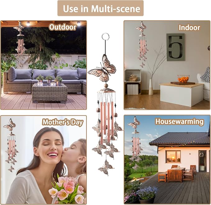 Wind Chimes for Outside, 33" Butterfly Wind Chimes Outdoor, Birthday Gifts for Women Mom Sister, Gift for Garden Porch Patio Home Decor (Golden)