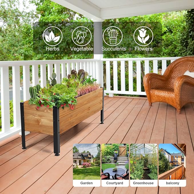 Wooden Rectangular Flower Box with Short Iron Legs, Planting Bed for Flowers and Vegetables, Suitable for Garden and Balcony. Dimensions: 19.7x13.9x12.5 inches