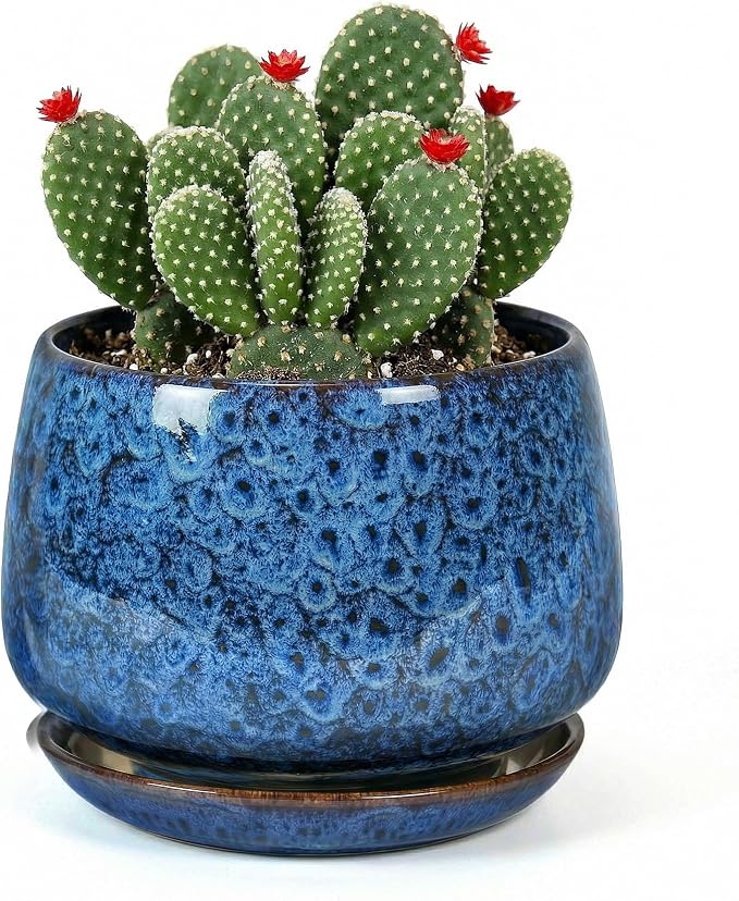 7.5 Inch Flower pots for Indoor Outdoor Plants with Saucer Drainage Leak-Proof Mesh, Ceramic Planter with Gardening Gloves for Succulent and Flower(Peacock Blue)