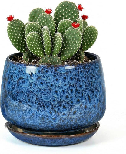 7.5 Inch Flower pots for Indoor Outdoor Plants with Saucer Drainage Leak-Proof Mesh, Ceramic Planter with Gardening Gloves for Succulent and Flower(Peacock Blue)