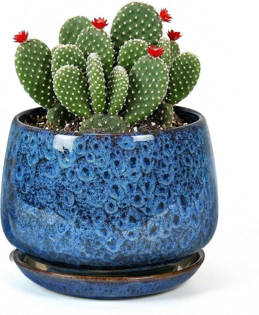 7.5 Inch Flower pots for Indoor Outdoor Plants with Saucer Drainage Leak-Proof Mesh, Ceramic Planter with Gardening Gloves for Succulent and Flower(Peacock Blue)