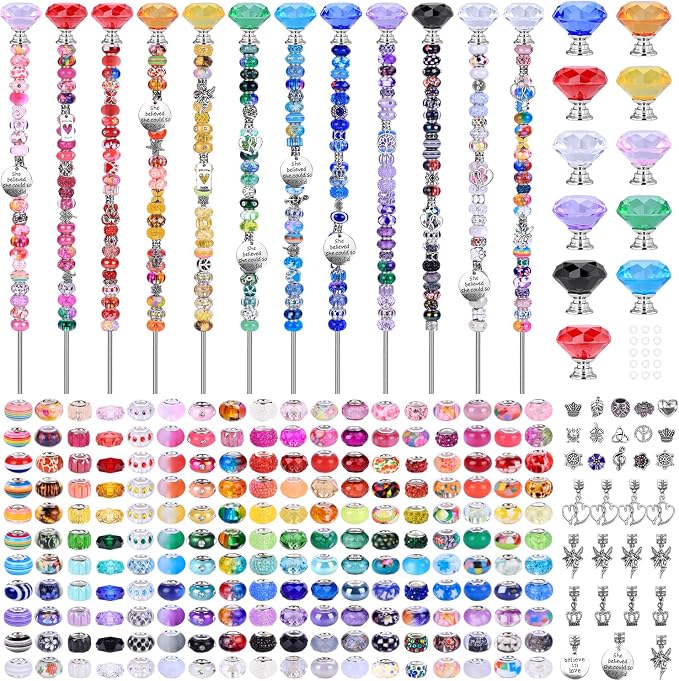 AIPRIDY DIY Crystal Beaded Fairy Wand Garden Stakes Kit, Colorful Decorative Wands with Assembly Guide, 12 or 10 Inch Threaded Rods,Outdoor Garden Decoration Set (275, Rainbow+Diamond Top)