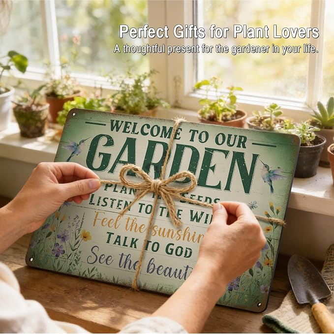 Vintage Garden Decor Gardening Art Signs Plant Lovers' Gifts | Motivational Greenhouse Yard Fence She Shed Wall Decor Women Gardeners Welcome To Our Garden Tin Sign 12x8 Inch Weather-proof