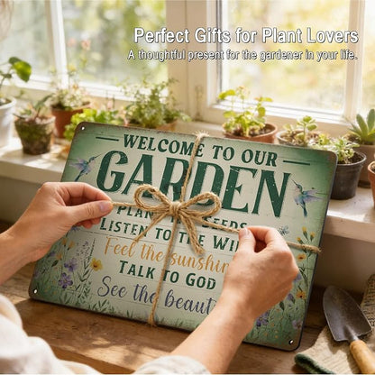 Vintage Garden Decor Gardening Art Signs Plant Lovers' Gifts | Motivational Greenhouse Yard Fence She Shed Wall Decor Women Gardeners Welcome To Our Garden Tin Sign 12x8 Inch Weather-proof