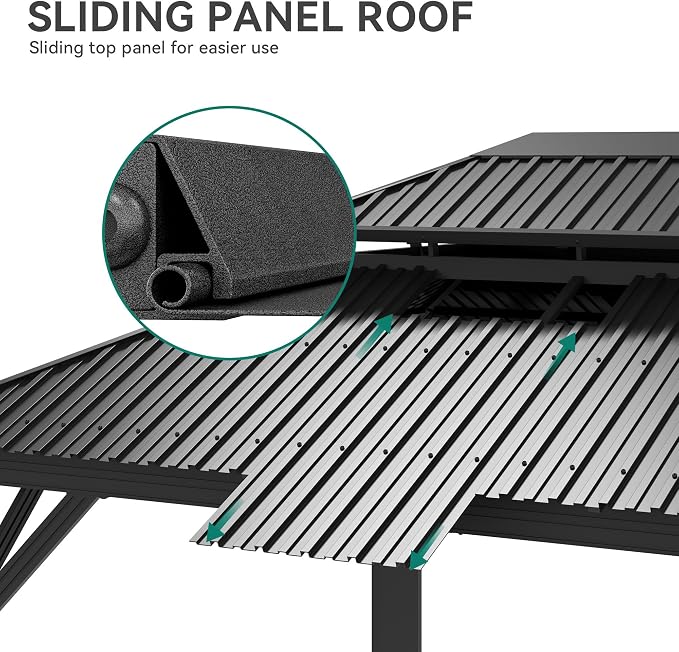 YITAHOME 12x14ft Gazebo Double Roof Hardtop Heavy Duty w/Nettings,Curtains | Upgraded Outdoor Canopy Aluminum Column Galvanized Steel Vertical Stripes Roof for Patio, Backyard, Deck, Lawns, Brown