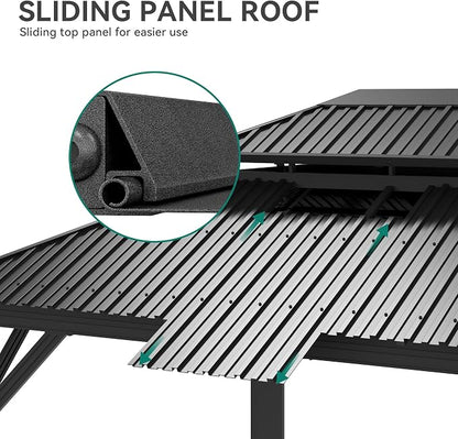 YITAHOME 12x14ft Hardtop Gazebo with Nettings and Curtains Heavy Duty | Double Roof Galvanized Steel Outdoor Combined of Vertical Stripes Roof for Patio, Backyard, Deck, Lawns, Gray