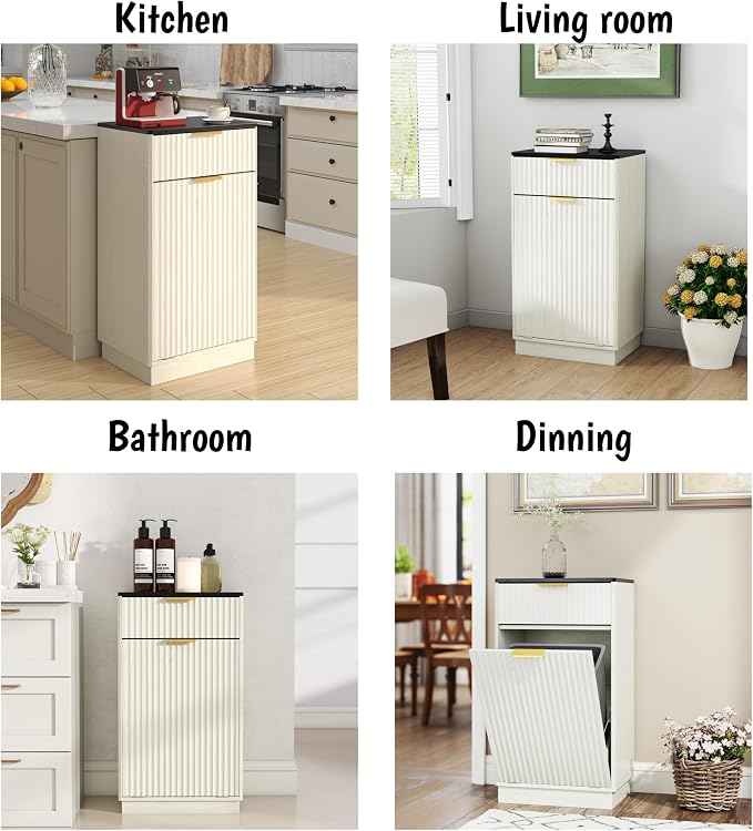 Ball & Cast 10-Gallon Tilt Out Trash Can Cabinet with Hideaway Drawer, Wooden Freestanding Garbage & Recycling Cabinet, Wave-Textured Pull-Out Bin for Kitchen, Bathroom, Living Room (White)
