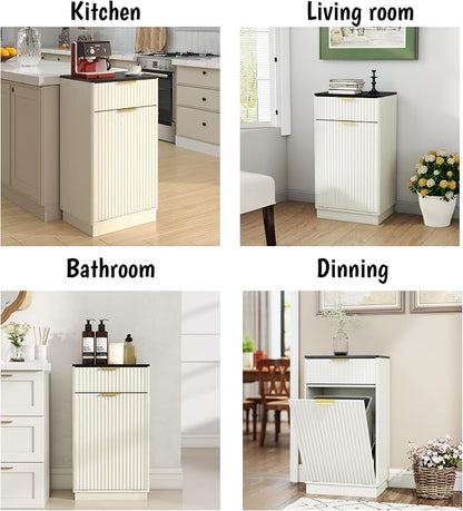 Ball & Cast 10-Gallon Tilt Out Trash Can Cabinet with Hideaway Drawer, Wooden Freestanding Garbage & Recycling Cabinet, Wave-Textured Pull-Out Bin for Kitchen, Bathroom, Living Room (White)