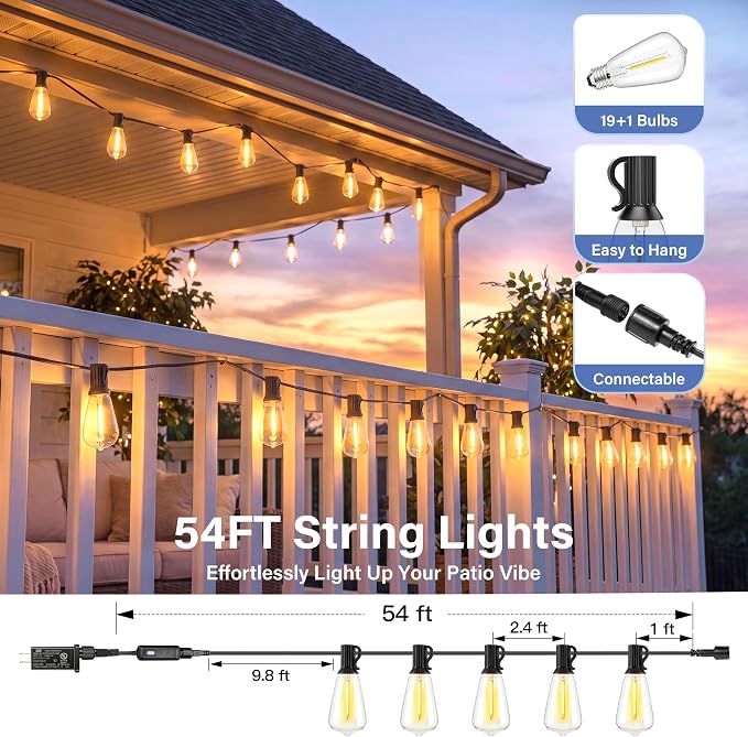 Guhope 54 FT Outdoor String Lights with Remote, Dimmable ST38 Edison LED Patio Lights, 3 Lighting Modes & 3 Timer, IP45 Waterproof String Lights for Outside Backyard Garden Porch Party Decor