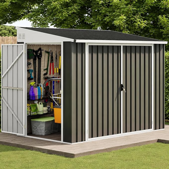 DWVO 7x4 FT Outdoor Weatherproof Storage Shed, Secure Metal Bike Shed w/Lockable Entry, Garden Storage Solution for Lawn Equipment, Tools, Waste Bin, Dark Gray