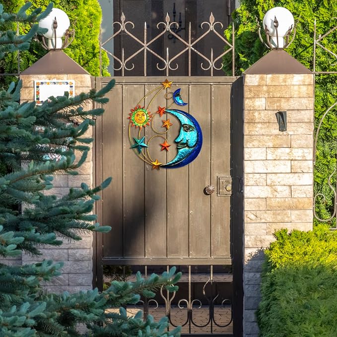 Metal Sun Outdoor Wall Art Decor, Large Size 17'' Sun Face Metal Wall Sculpture with Moon & Stars for Home Wall Decoration Living Room, Bedroom, Outside Decor for Yard, Patio, Garden Fence Deck Pool