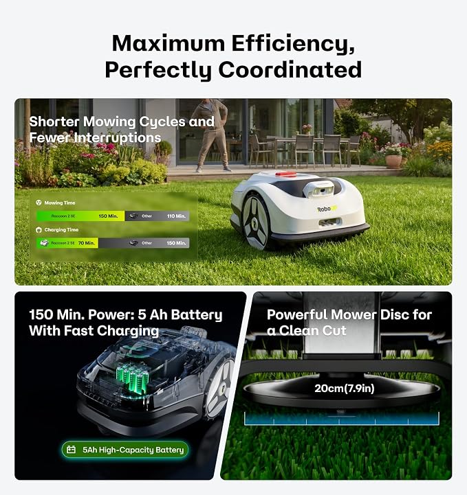 Raccoon 2 SE Robotic Lawnmower for 0.15 Acre, Wire Free Robot Mower with AI Obstacle Avoidance, APP-Free One-Button Operation, 1.18"-3.15" Adjustable Height, Low Noise, Ideal for Small Lawns