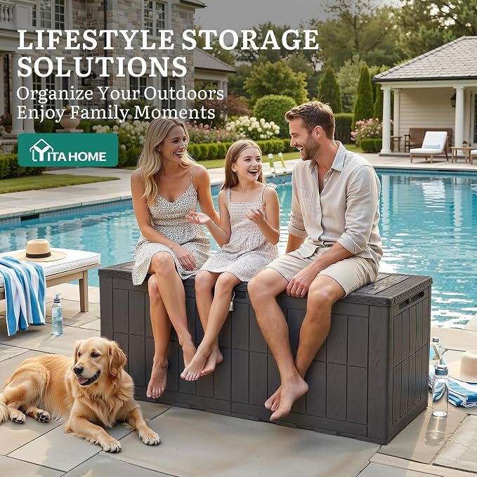YITAHOME 134 Gallon Large Outdoor Storage Box with Lock | Waterproof Deck Box with Hydraulic Piston for Garden Tools, Pool Accessories & Cushions, Resin Deck Organizer with Bench Seat