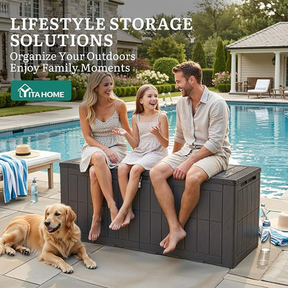 YITAHOME 134 Gallon Large Outdoor Storage Box with Lock | Waterproof Deck Box with Hydraulic Piston for Garden Tools, Pool Accessories & Cushions, Resin Deck Organizer with Bench Seat