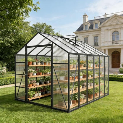 10x12 FT Greenhouse, Walk-in Heavy Duty Polycarbonate Outdoor Greenhouses with Raised Base & Anchor, Drainage System & Height-Enhanced Aluminum Frame for Backyard All Season Growing, Black