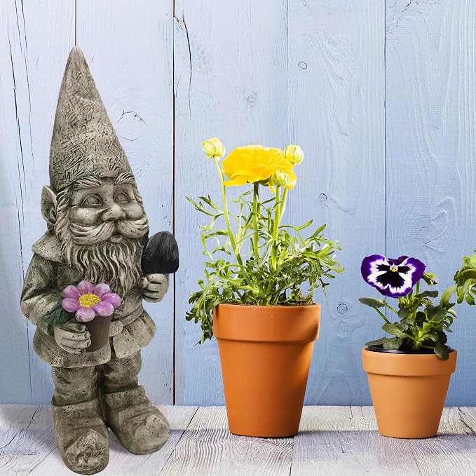 Design House 395848 Indoor/Outdoor Gnome with Flower Pot and Shovel Figurine Statue for Garden Patio Home & Office Décor Housewarming Gifting Birthdays, 7.5 L x 6.9 W x 18.5 H, Multicolor