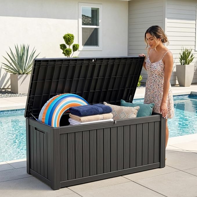 Outdoor Storage Box, 150 Gallon Waterproof Deck Box [Upgraded 3.1], Large Resin Storage with Hydraulic Gas Lifts for Cushions, Heavy Duty Lockable Bench Seat, Backyard Party, Black