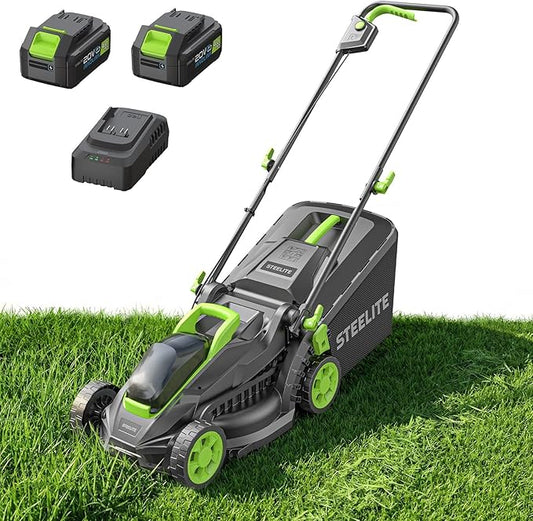 STEELITE 21V 13" Cordless Lawn Mower with 2 x 4.0Ah Batteries & Charger, Brushless Motor, 5-Position Height Adjustment, 2-in-1 Mulching & Bagging, Lightweight 20.5 lbs Push Mower for Small Yard