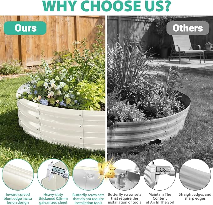 12 Inch Tall 72 Inch Diameter Round White Raised Garden Bed Kits Outdoor | 1 FT Tall,6 FT Planter Bed for Flowers,Herbs,Vegetables,Trees,0.8MM Thick Galvanized Metal Painted,with Gloves,Tool free