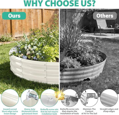 12 Inch Tall 72 Inch Diameter Round White Raised Garden Bed Kits Outdoor | 1 FT Tall,6 FT Planter Bed for Flowers,Herbs,Vegetables,Trees,0.8MM Thick Galvanized Metal Painted,with Gloves,Tool free