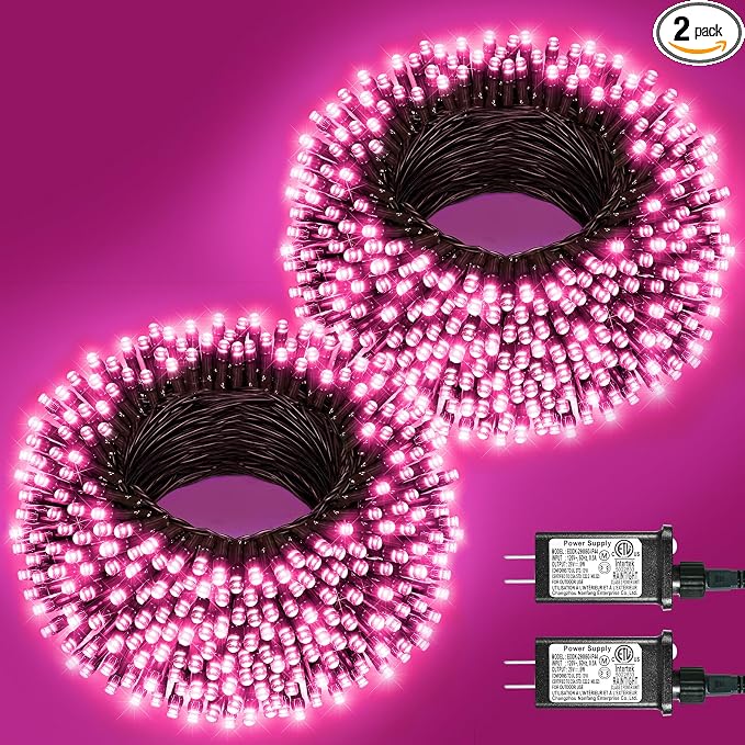 2 Pack Christmas Lights Outdoor, Total 200FT 600LED Christmas Tree Lights Indoor Waterproof, Plug in 8 Modes String Lights for Outside Bedroom Patio Garden Party Holiday Decorations, Pink