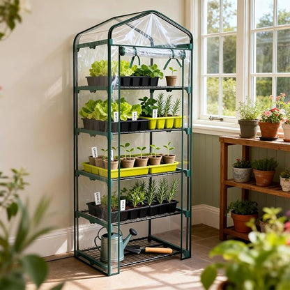 Worth Garden 5 Tier Mini Greenhouse - 75'' H x 27'' L x 19'' W - Sturdy Portable Gardening Shelves with Transparent PVC Cover - Small Porch Green House for Growing Plants Flowers Indoor & Outdoor
