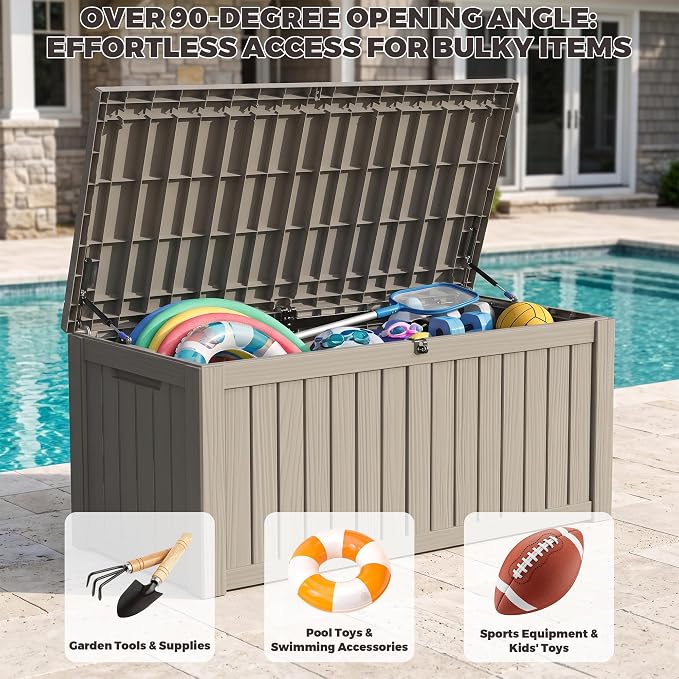Outdoor Storage Box, 150 Gallon Waterproof Deck Box [Upgraded 3.0], Piston-Assisted Resin Trunk for Sectional Sofa Cushions, High-Capacity Lockable Double Storage Bench, Patio Lounge, Grey