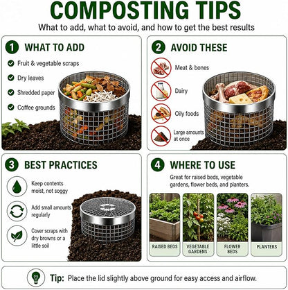 4PCS Inground Worm Composting Bin Turn Food Waste into Nutrient-Rich Soil Increase Soil Fertility Stainless Steel Composting Bin with Holes and Lid for Outdoor Garden Vegetable Patch Backyard