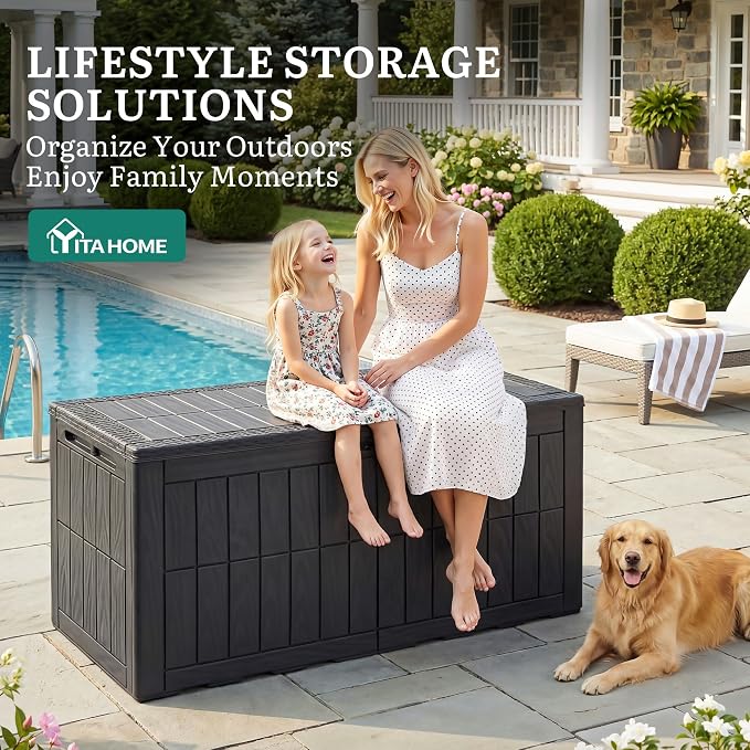 YITAHOME 110 Gallon Outdoor Deck Box | Waterproof Resin Storage Box with Lock, Lockable Patio Furniture Bin, 2-Person Bench Seating for Outdoor Cushions, Garden