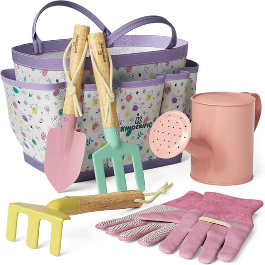 Kinderific Gardening Set, Tool Kit, for Kids, STEM, Includes Tote Bag, Spade, Watering Can, Rake, Fork, Trowel and Gloves, Egg Hunt