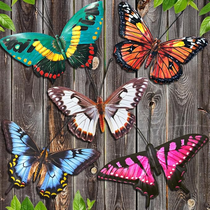 EOORAU Metal Butterfly Wall Decor - 5 Pack Lifelike Butterflies Wall Art Sculpture Hanging Decorations for Indoor or Outdoor, Yard Patio Fence Garden Decoration, Mother's Day Gift