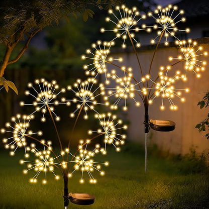 JJGoo 2 Pack Solar Garden Lights Outdoor Waterproof, New Upgraded 6 Branches Firework Starburst Lights with 2 Modes, Solar Fairy Lights for Yard Garden Patio Pathway Party Decor - Warm White