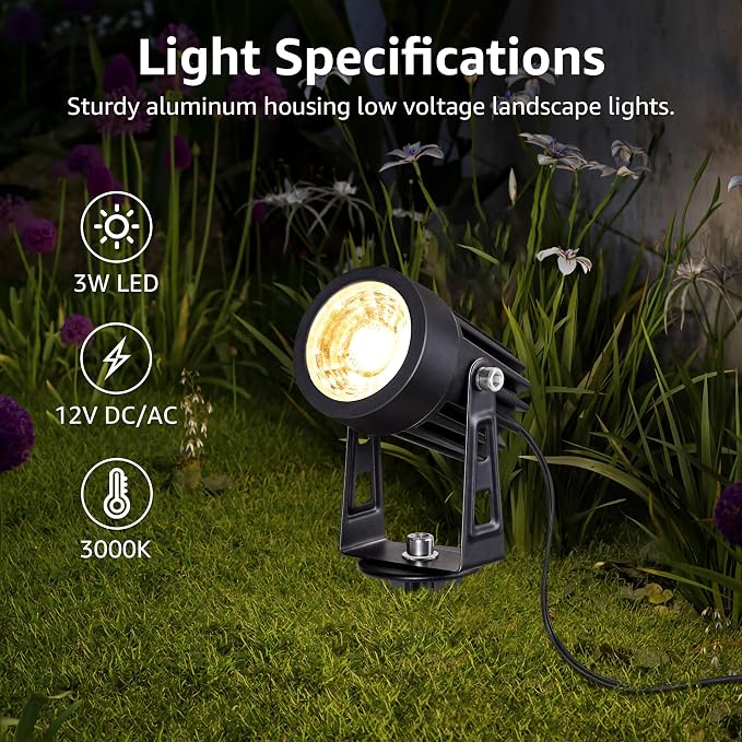 SUNVIE 3W Low Voltage Landscape Lighting LED Landscape Spotlights with Connectors Waterproof Low Voltage Landscape Lights 3000K Warm White Uplights Outdoor Spot Lights for Yard Garden House, 4 Pack | Waterproof 12-24V Low Voltage Landscape Light 300LM ...