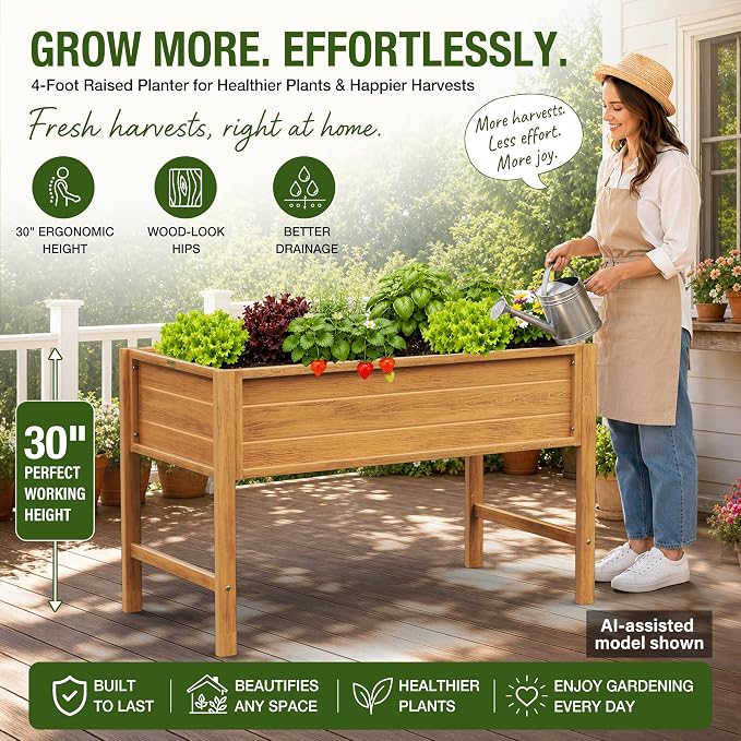 YEFU 48" Raised Garden Bed with Legs, HIPS Outdoor Garden Bed, Teak | Raised Garden Bed with Legs for Patios & Decks, 30" Height, Wood-Look HIPS, Drainage, 385 lbs Support for Vegetables & Herbs