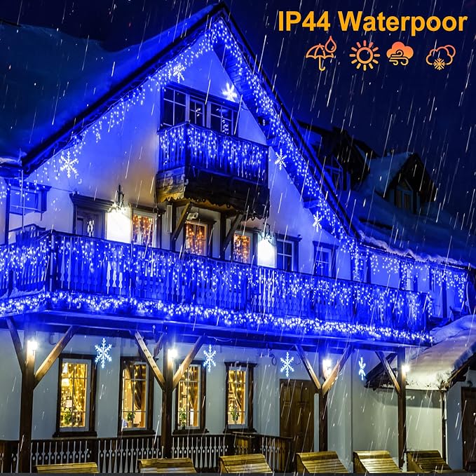 Icicle lights Outdoor - 66ft Christmas Lights with 640LED 120 Drops 8 Modes, Plug in Curtain String Lights Waterproof for Holiday Wedding Party Home Garden Bedroom Indoor Outdoor Decoration, Blue