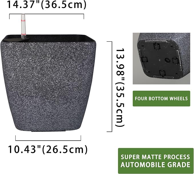 Dexceder 15x14 Self Watering Planter with Wheels (Stone Matte) | Inner Mat Design, Thickened Large Floor Standing Flower Plant Pot with Water Level Indicator Indoor Outdoor