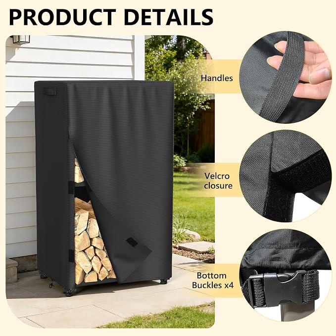 AKEfit 2ft Firewood Racks Cover,Heavy Duty Waterproof Outdoor Logs Holder Stand Cover with Velcro-Black