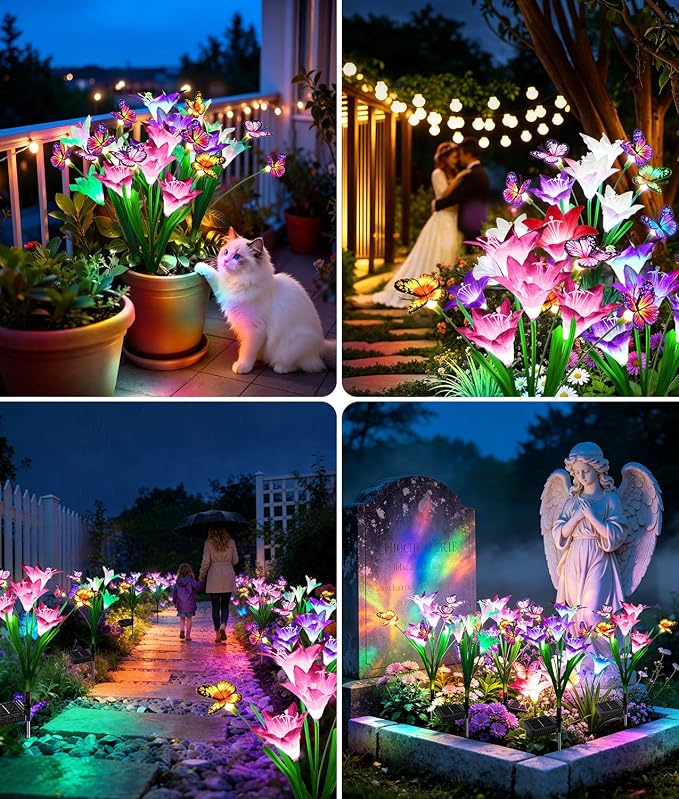 KOOPER Solar Lights Outdoor Garden Decor 4 Pack, 16 Lily Flowers and 12 Swaying Butterflies, IP65 Waterproof 7 Color Changing Solar Flower Lights for Yard Patio Pathway, Gifts for Mom Women Grandma