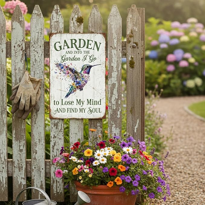 Garden Decor Sign Into the Garden I Go Hummingbird Wall Art | Garden Enthusiasts • Patio Porch Display • Garden Theme • Floral Hummingbird Design • UV Printed • 8x12 Inch