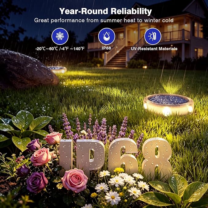 YiLaie 12Pack Solar Ground Lights Outdoor,IP68 Waterproof Solar Powered Garden Lights,Stick & Stake Pathway Light,Unique Glow Flat Solar Lights for Backyard Deck Patio Driveway Walkway, Warm White