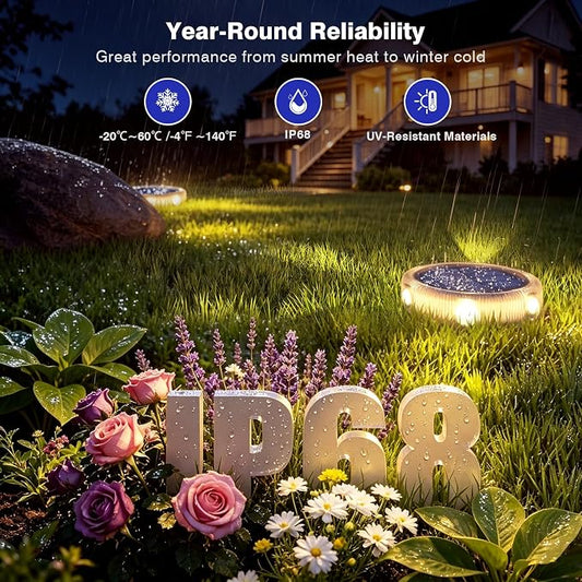 YiLaie Solar Lights Outdoor Pathway,8 Pack Solar Walkway Lights IP68 Waterproof,Solar Disk Lights Stick & Stake,Driveway Lights for Garden Yard Sidewalk Step Deck,Warm White