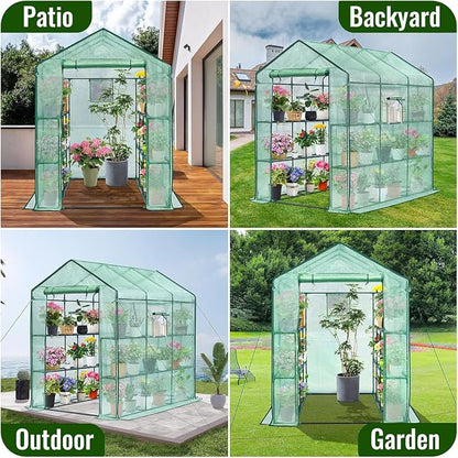 Greengro Greenhouse, 57 x 85 x 76'' Greenhouses for Outdoors, Portable Greenhouse with Mesh Side Windows, PE Cover, 8 Shelves, Heavy Duty Walk in Green House for Backyard Garden Indoor Outside, Green