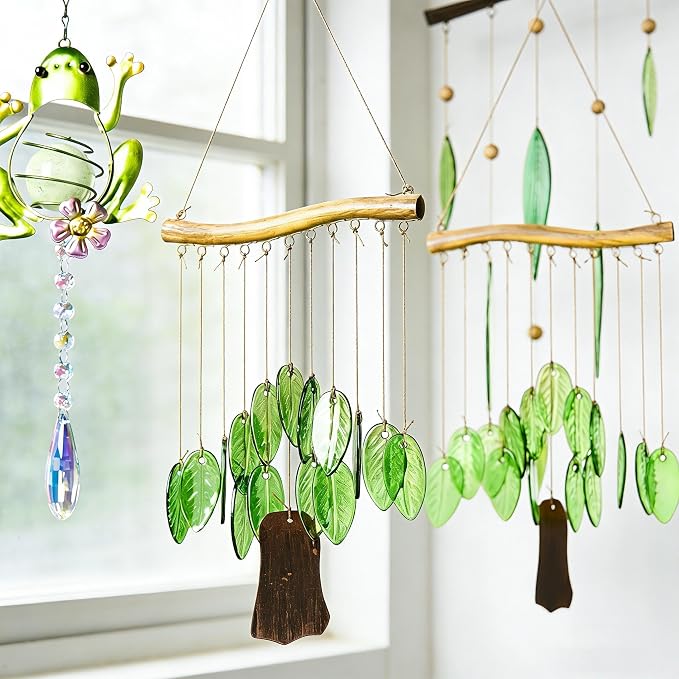 YU FENG Glass Wind Chime, Green Leaf Hanging Decor for Garden & Patio | Handcrafted leaf design, iron wood-look hanging bar, metal chime accents, window hanging ornament, outdoor home decoration