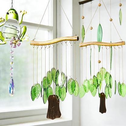 YU FENG Glass Wind Chime, Green Leaf Hanging Decor for Garden & Patio | Handcrafted leaf design, iron wood-look hanging bar, metal chime accents, window hanging ornament, outdoor home decoration
